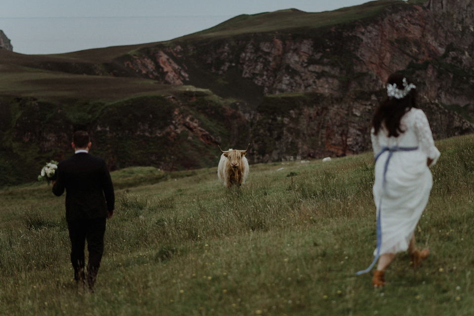 An heirloom wedding dress for an atmospheric and intimate elopement on the Isle of Islay. Photography by The Kitcheners.