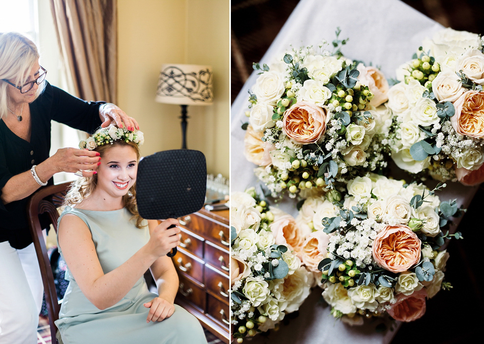 Nicole wearsa Stephanie Allin gown for her seafoam green inspired Summer wedding at Peterstone Court. Film photography by Victoria Phipps.