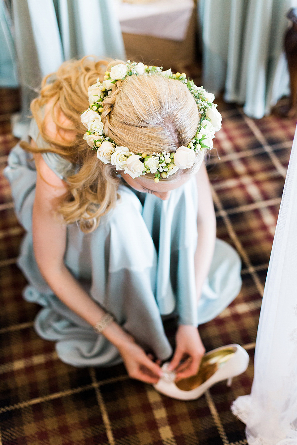 Nicole wearsa Stephanie Allin gown for her seafoam green inspired Summer wedding at Peterstone Court. Film photography by Victoria Phipps.