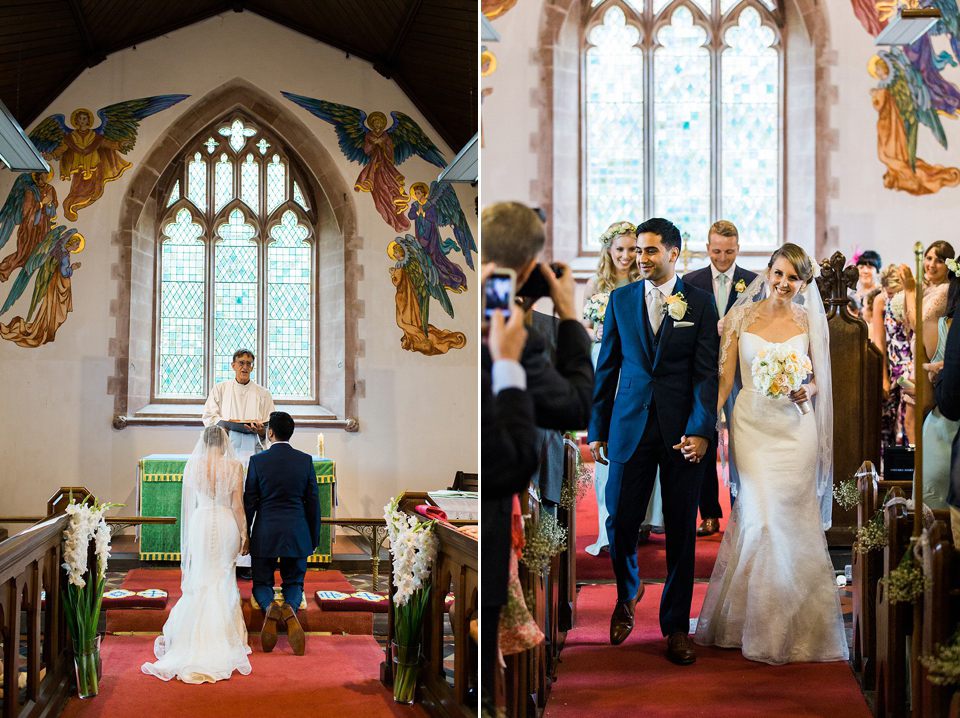 Nicole wearsa Stephanie Allin gown for her seafoam green inspired Summer wedding at Peterstone Court. Film photography by Victoria Phipps.