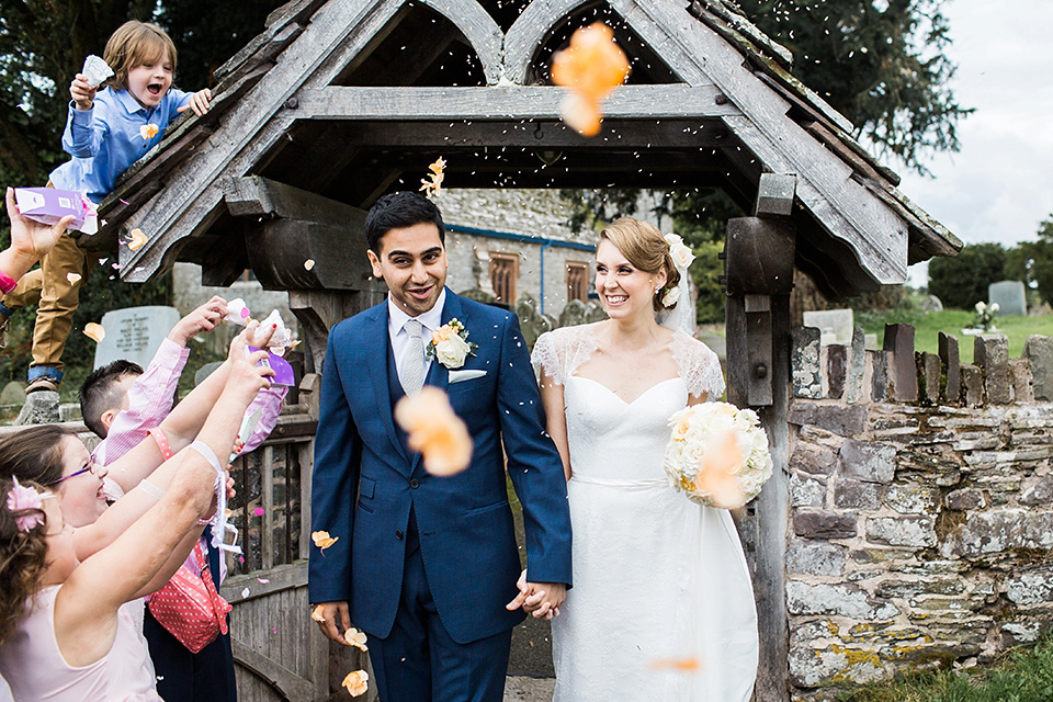 Nicole wearsa Stephanie Allin gown for her seafoam green inspired Summer wedding at Peterstone Court. Film photography by Victoria Phipps.