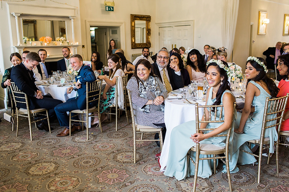 Nicole wearsa Stephanie Allin gown for her seafoam green inspired Summer wedding at Peterstone Court. Film photography by Victoria Phipps.