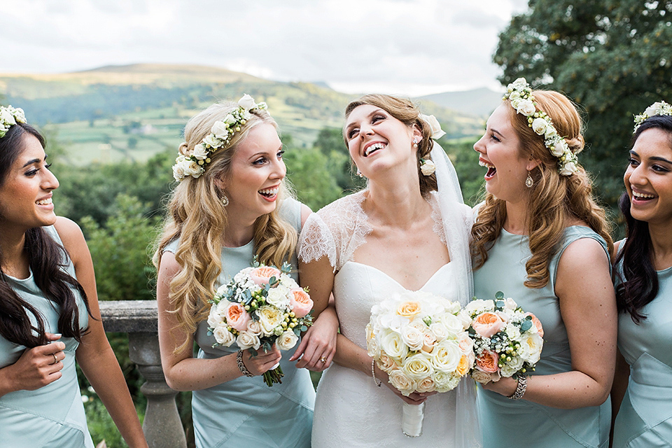 Nicole wearsa Stephanie Allin gown for her seafoam green inspired Summer wedding at Peterstone Court. Film photography by Victoria Phipps.