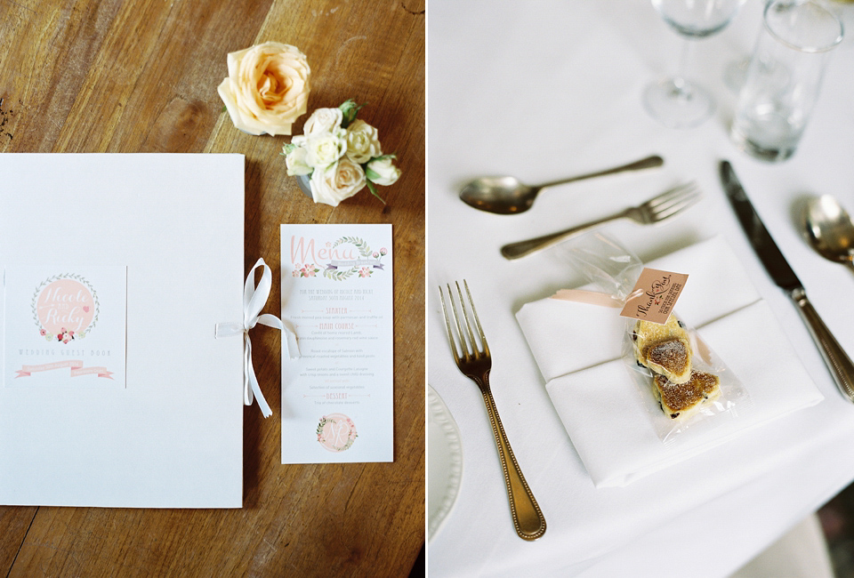 Nicole wearsa Stephanie Allin gown for her seafoam green inspired Summer wedding at Peterstone Court. Film photography by Victoria Phipps.