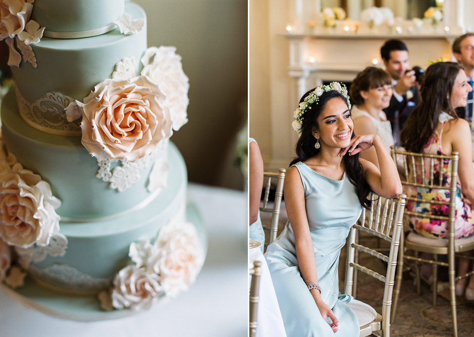 Nicole wearsa Stephanie Allin gown for her seafoam green inspired Summer wedding at Peterstone Court. Film photography by Victoria Phipps.