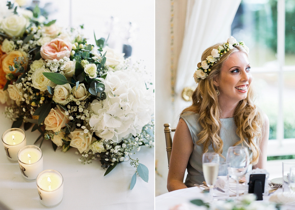 Nicole wearsa Stephanie Allin gown for her seafoam green inspired Summer wedding at Peterstone Court. Film photography by Victoria Phipps.