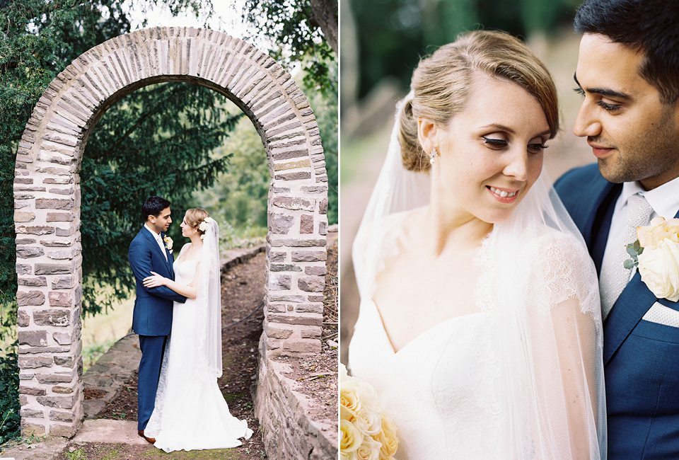 Nicole wearsa Stephanie Allin gown for her seafoam green inspired Summer wedding at Peterstone Court. Film photography by Victoria Phipps.