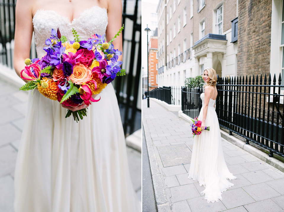 Kim wore a Leanne Marshall gown for her bright and colourful, art and science inspired wedding at RSA House in London. Photography by Hayley Savage.