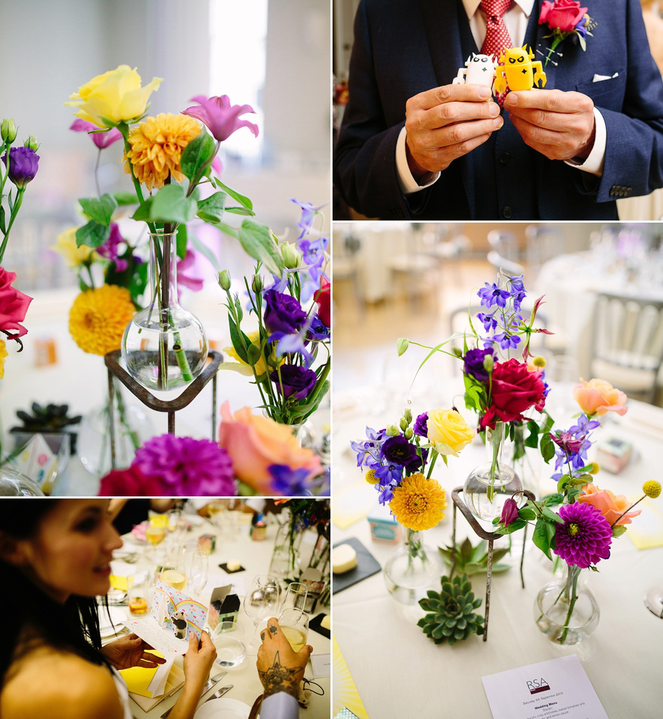 Kim wore a Leanne Marshall gown for her bright and colourful, art and science inspired wedding at RSA House in London. Photography by Hayley Savage.