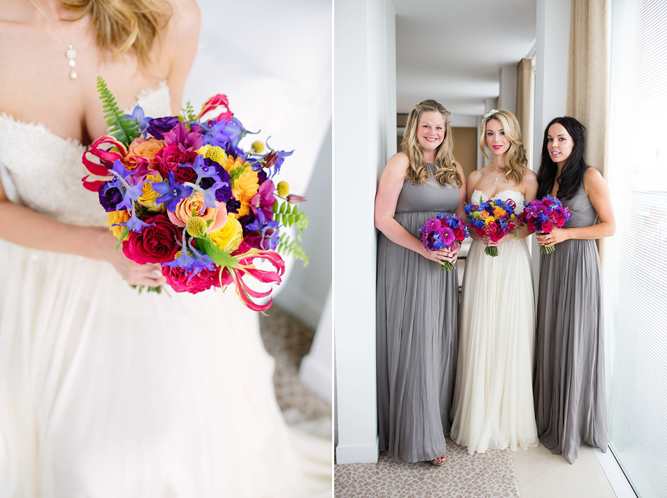 Kim wore a Leanne Marshall gown for her bright and colourful, art and science inspired wedding at RSA House in London. Photography by Hayley Savage.