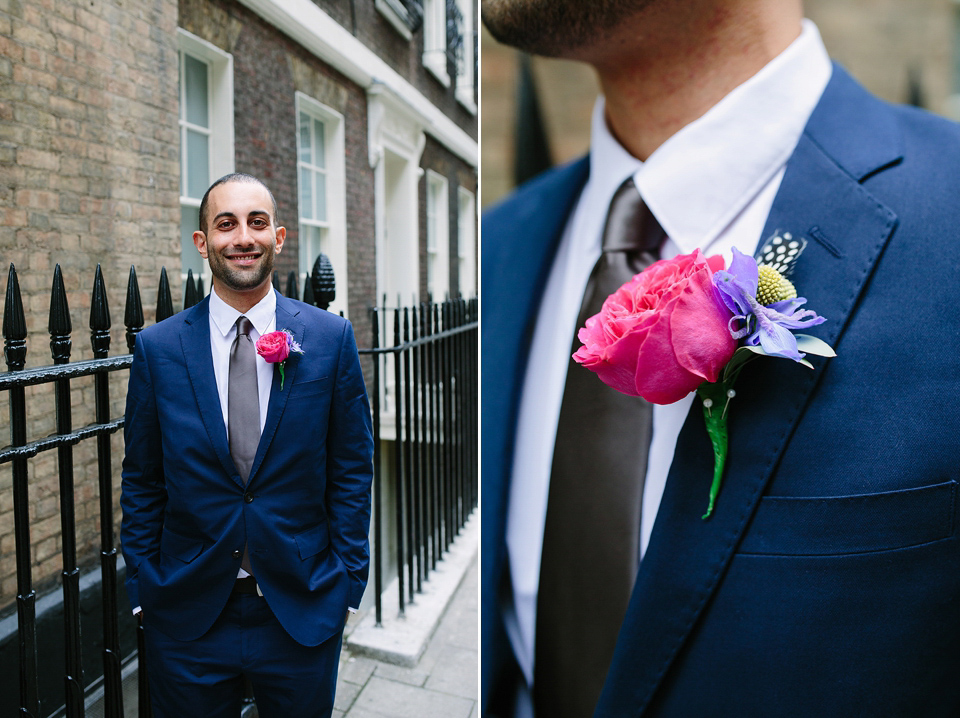 Kim wore a Leanne Marshall gown for her bright and colourful, art and science inspired wedding at RSA House in London. Photography by Hayley Savage.