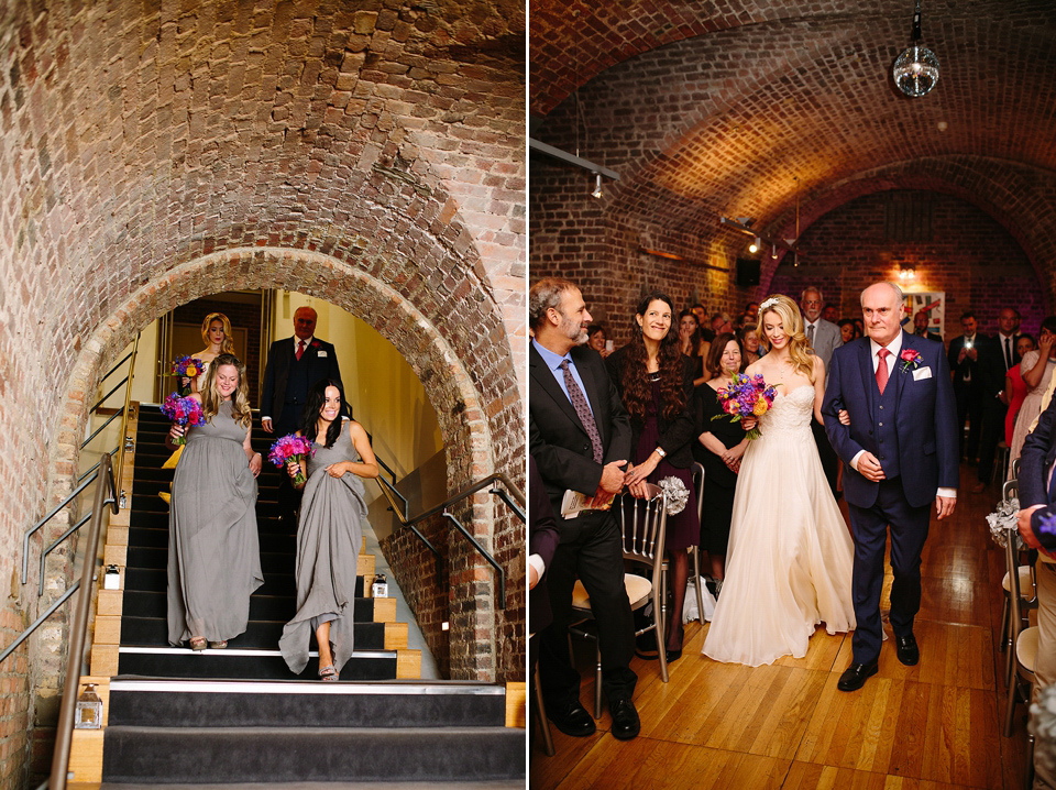 Kim wore a Leanne Marshall gown for her bright and colourful, art and science inspired wedding at RSA House in London. Photography by Hayley Savage.