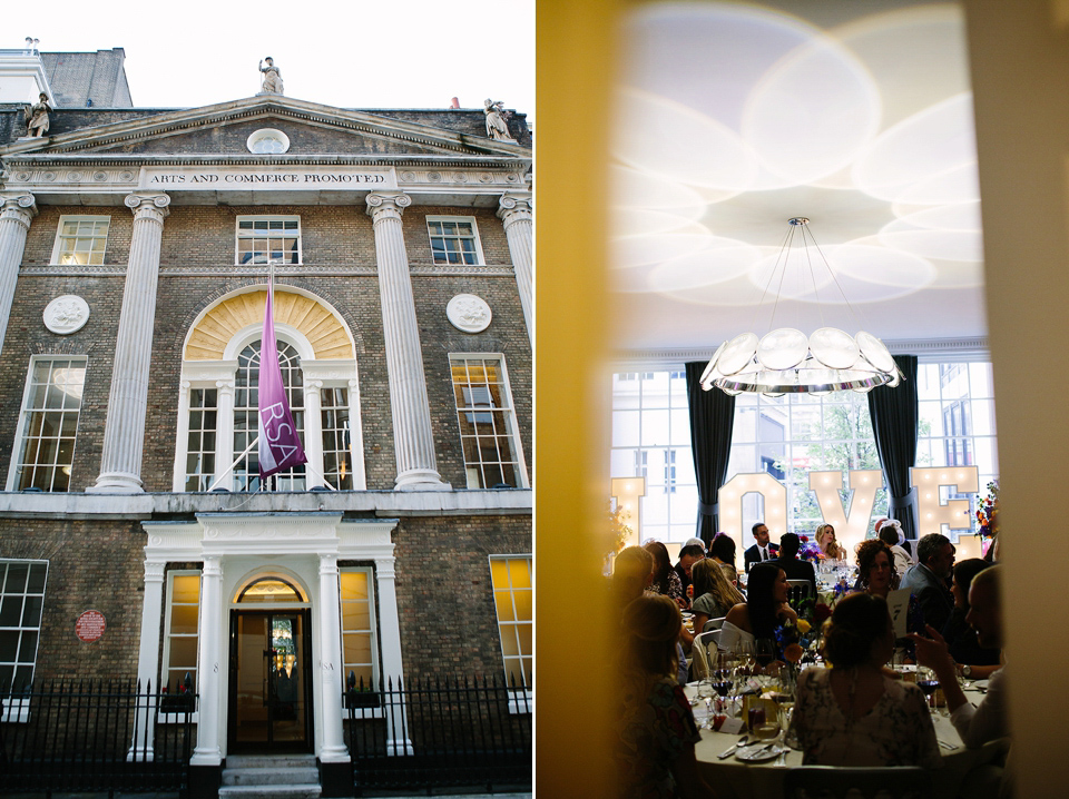 Kim wore a Leanne Marshall gown for her bright and colourful, art and science inspired wedding at RSA House in London. Photography by Hayley Savage.