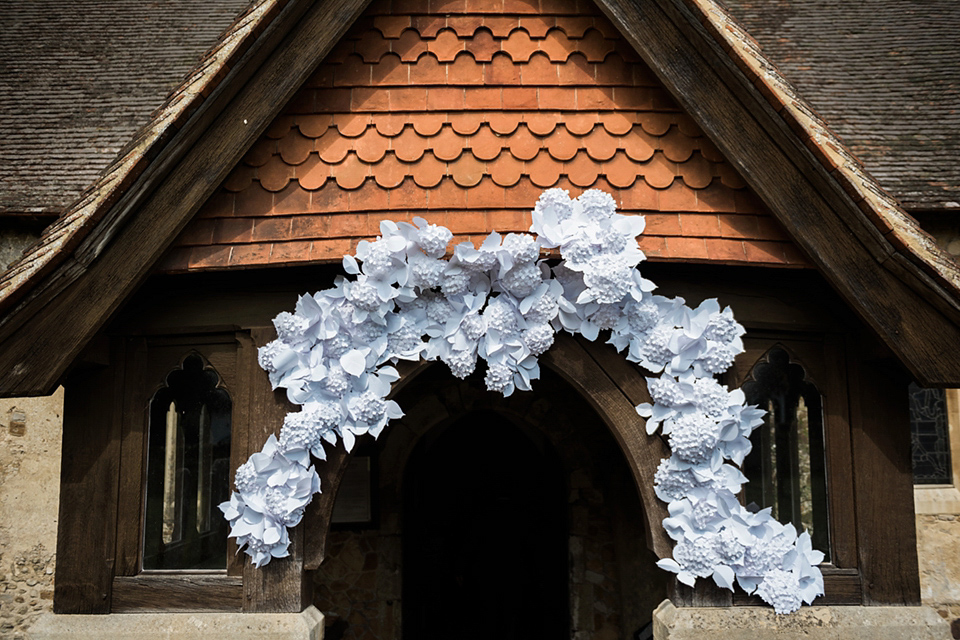 A Marchesa dress and Prada shoes for an elegant English country wedding at Farnham Castle. Photography by Dominique Bader.