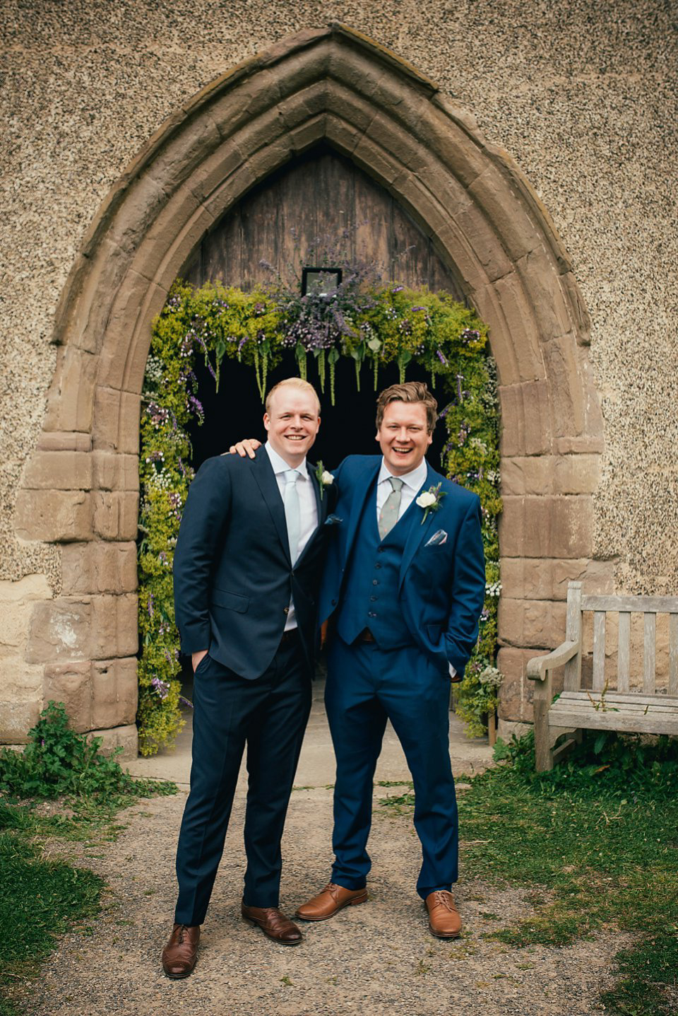 Anna wore a pale gold wedding dress designed by Jane Bourvis for her English country wedding. Photography by Lucy Greenhill.