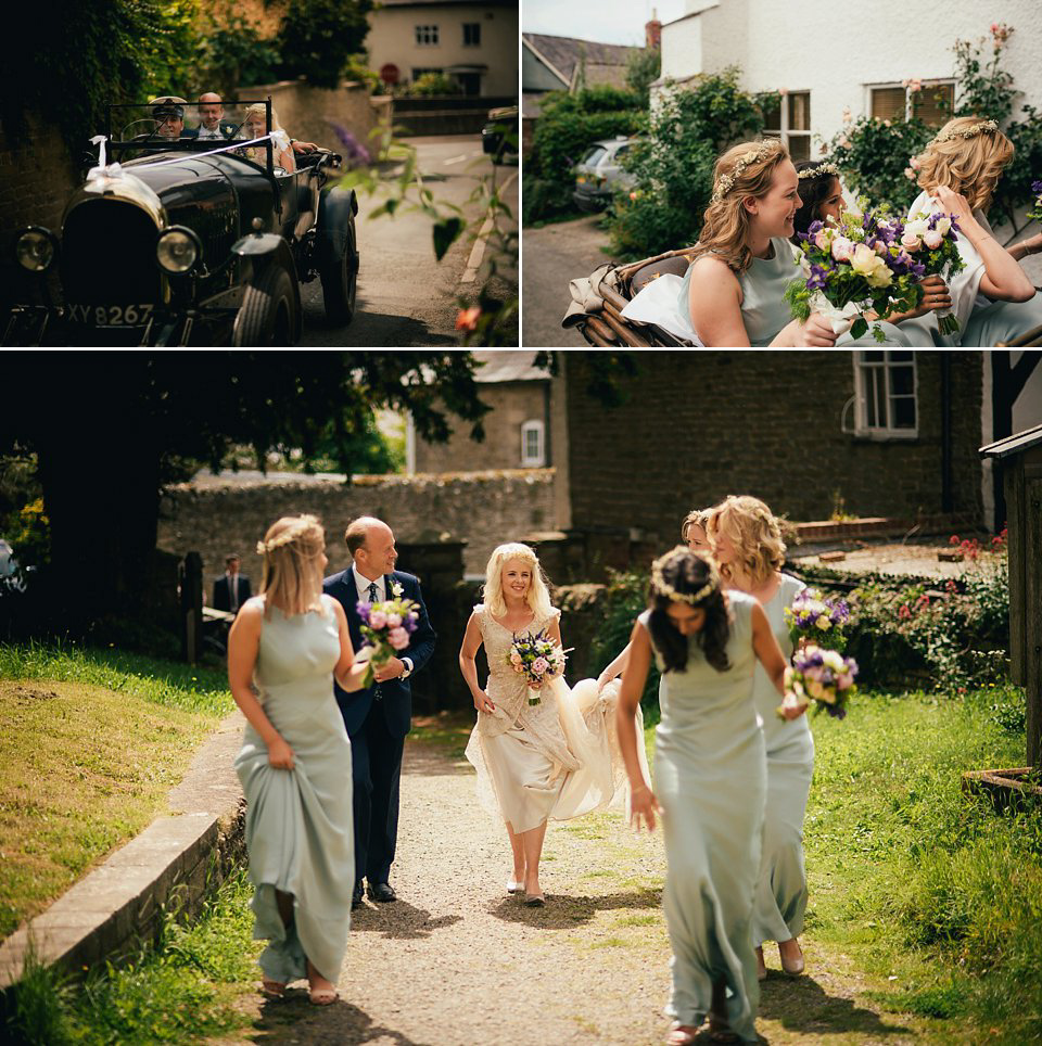 Anna wore a pale gold wedding dress designed by Jane Bourvis for her English country wedding. Photography by Lucy Greenhill.