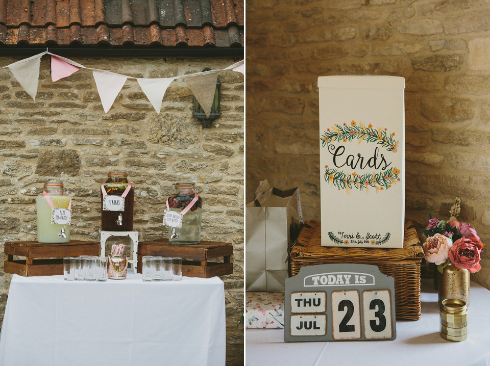 Terri wore an Anna Campbell inspired gown made by her mum, for her outdoor Summer wedding in the Cotswolds. Photography by McKinley Rodgers, film by Story Catchers Wedding Films.