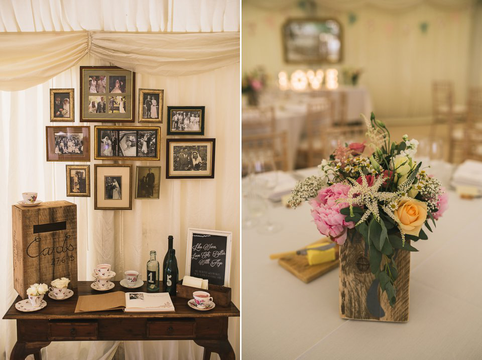 Bryony wore a gown with a floral back by Claire Pettibone from Blackburn Bridal for her Summer wedding held at her husband's family home. Photography by Kristian Leven.