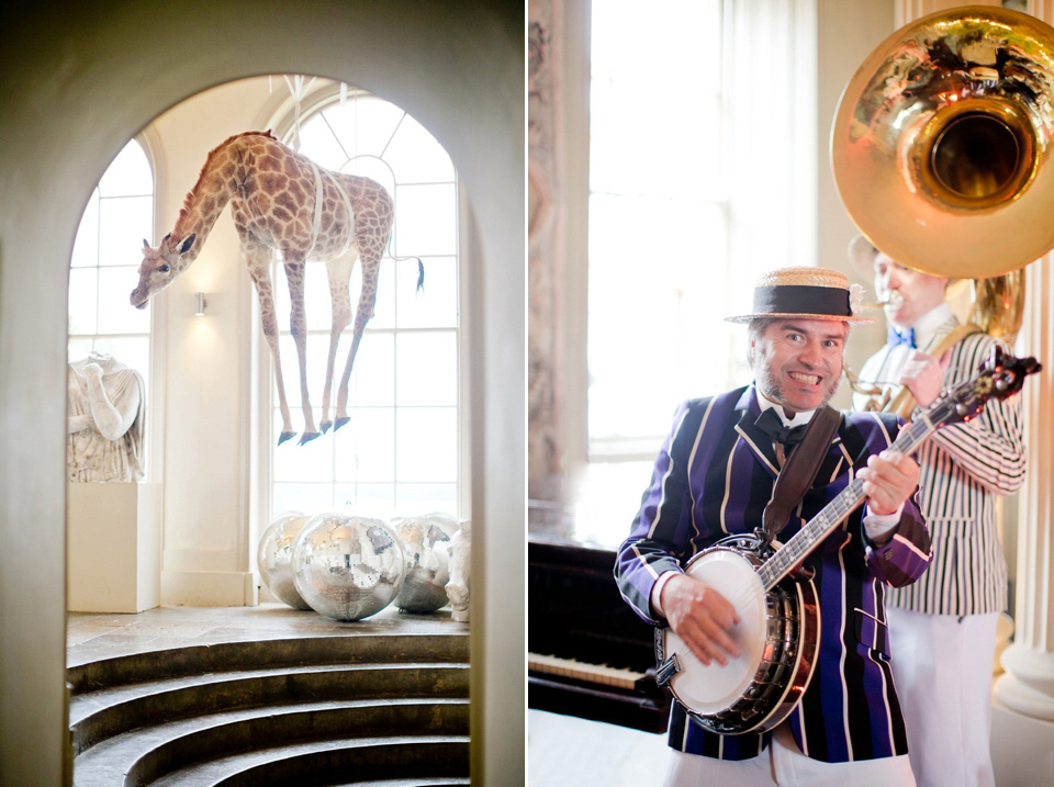George wears a Temperley London gown with beautiful peplum detail for her eccentric, quirky and elegant Aynhoe Park wedding. Photography by Caught The Light.