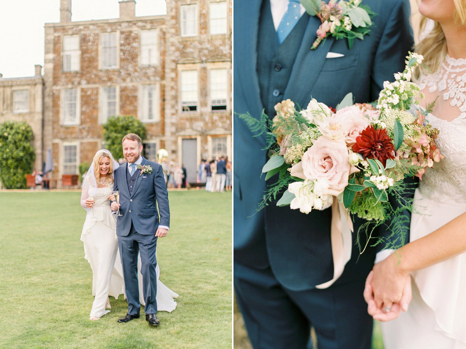 George wears a Temperley London gown with beautiful peplum detail for her eccentric, quirky and elegant Aynhoe Park wedding. Photography by Caught The Light.