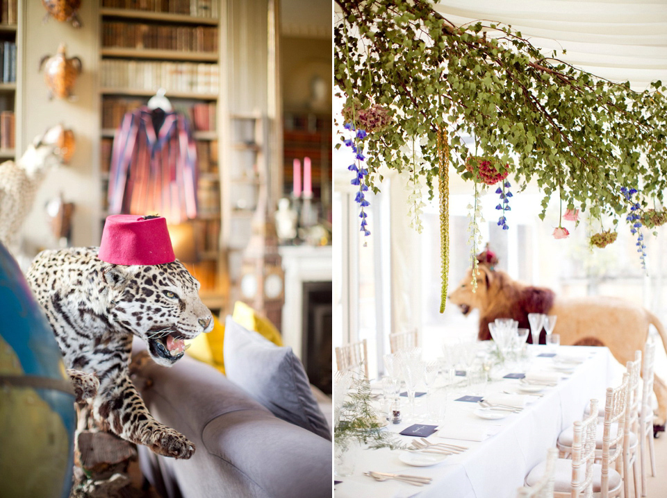 George wears a Temperley London gown with beautiful peplum detail for her eccentric, quirky and elegant Aynhoe Park wedding. Photography by Caught The Light.