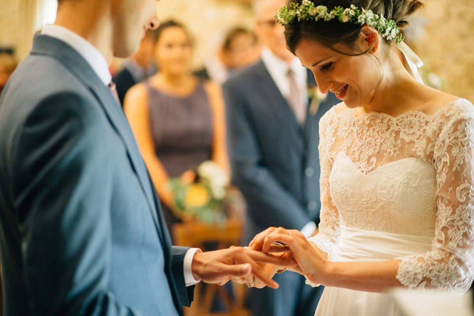 Katie wore a bespoke gown by London based designer Shanna Melville for her romantic Autumn wedding in the Cotswolds. Photography by Joseph Hall.