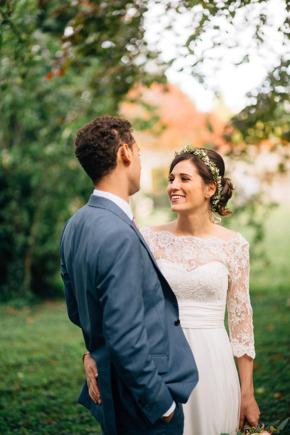 Katie wore a bespoke gown by London based designer Shanna Melville for her romantic Autumn wedding in the Cotswolds. Photography by Joseph Hall.