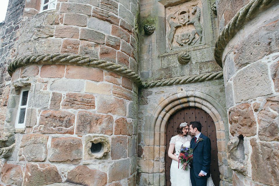 Pamela wore a gown by MiaMia for her Autumn wedding at Rowallan Castle in Scotland. Photography by Mirrorbox Photography.