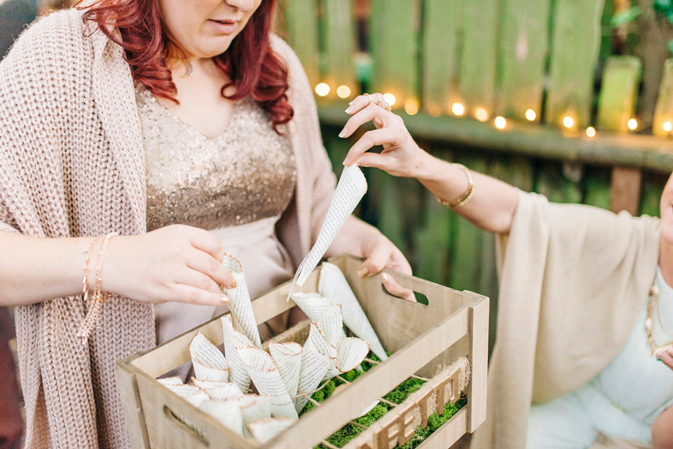 Mint, pink and golden snitches for a magical Autumn wedding in a treehouse. Photography by Sarah Jane Ethan.