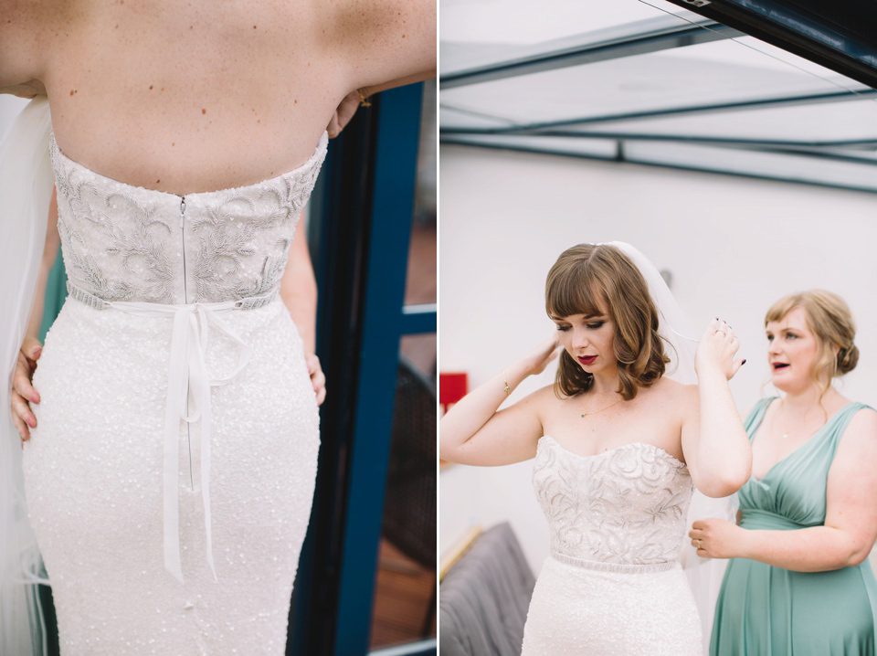 The bride wore a Karen Willis Holmes gown for her London wedding in shades of green. Photography by Alex Wysocki.