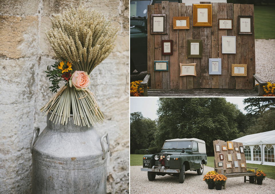 Sunflowers and rustic, Autumn shades for a handmade wedding in the Cotswolds. Photography by McKinley Rodgers.