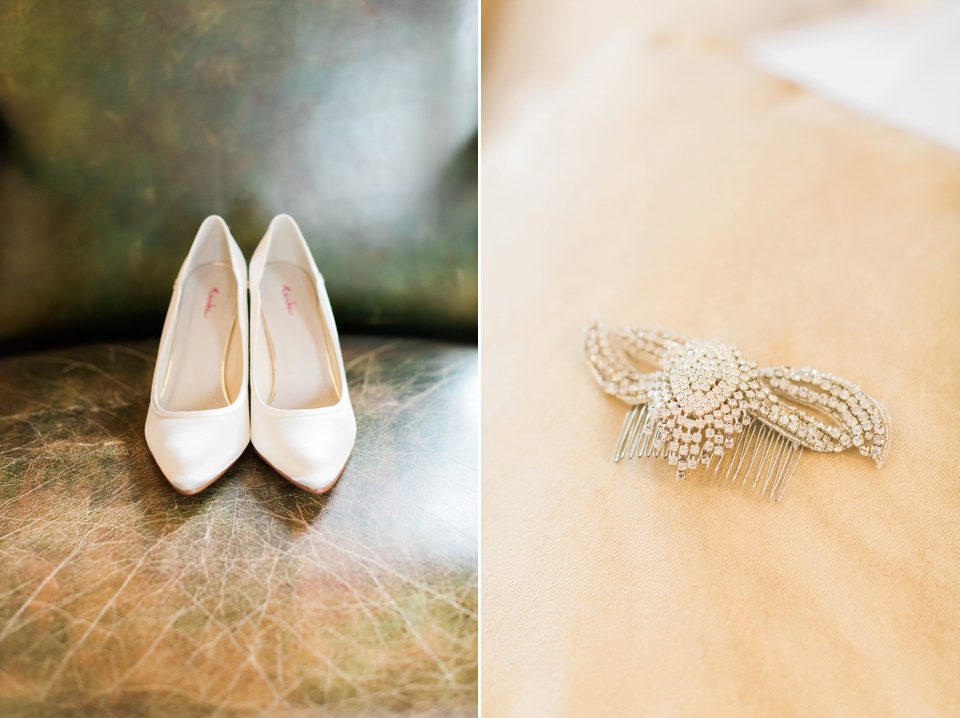 Bride Nicky wore an Amnada Wakeley gown for her pastel coloured, Spring time wedding at Botleys Mansion. Photography by Helen Cawte.