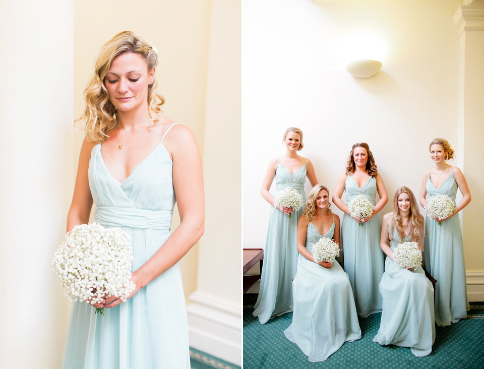 Bride Nicky wore an Amnada Wakeley gown for her pastel coloured, Spring time wedding at Botleys Mansion. Photography by Helen Cawte.