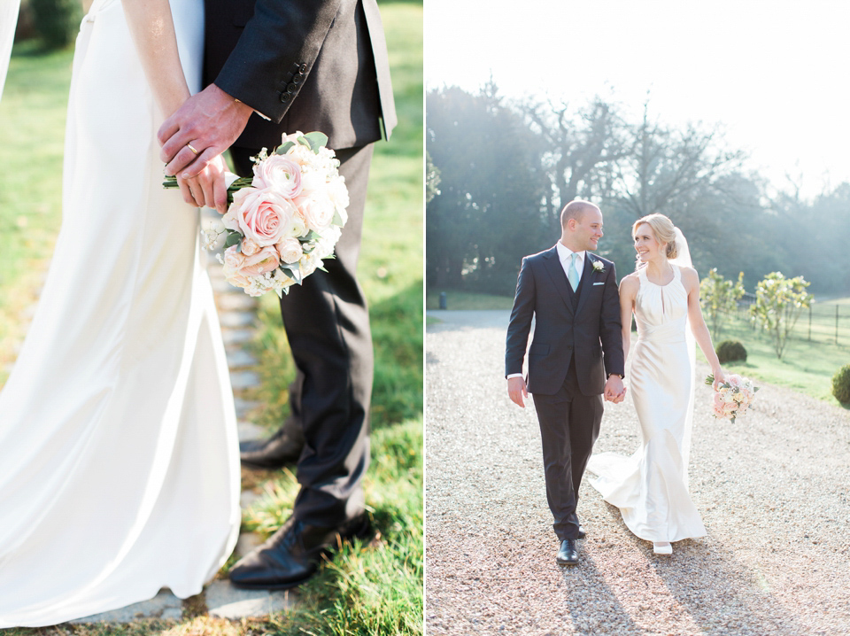 Bride Nicky wore an Amnada Wakeley gown for her pastel coloured, Spring time wedding at Botleys Mansion. Photography by Helen Cawte.