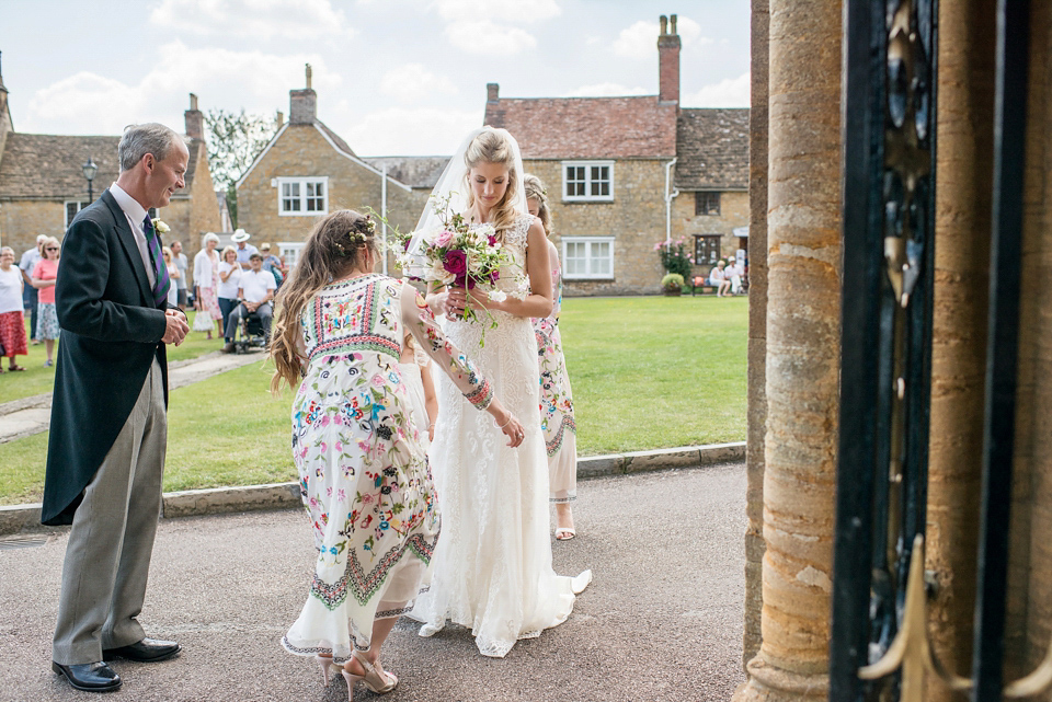 Bride Lou Lou wears a Mori Lee gown for her Sherborne Abbey wedding and garden party reception. Photography by Louise Adby.