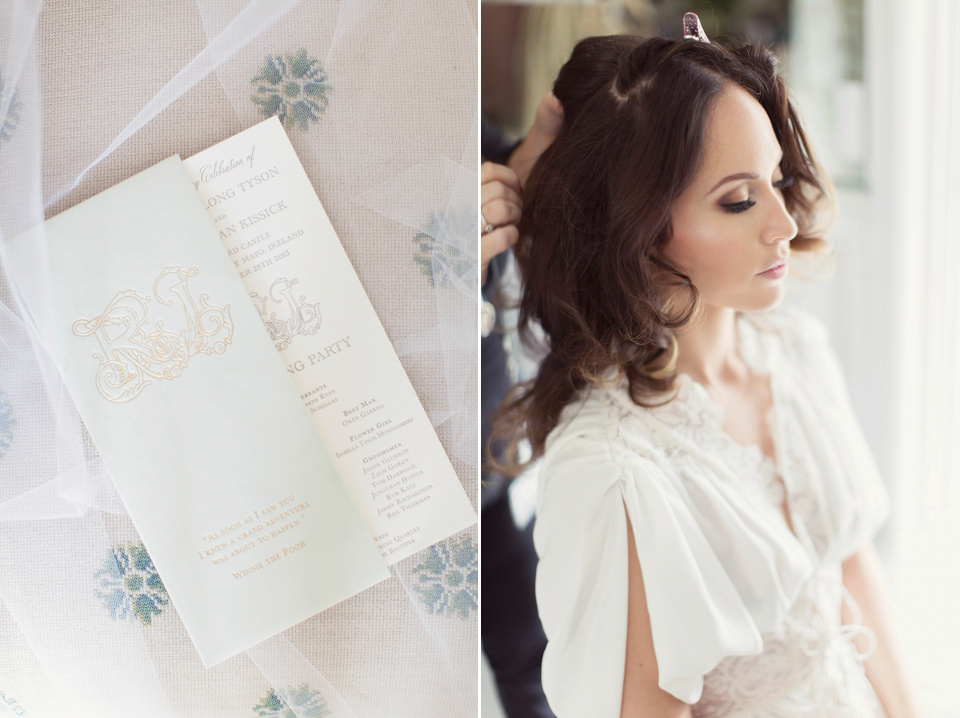 Juliana of Good Juju Ink wears a Marchesa gown for her super tasteful and elegant fairy tale Celtic and Jewish fusion wedding at Ashford Castle. Photography by Craig & Eva Sanders.