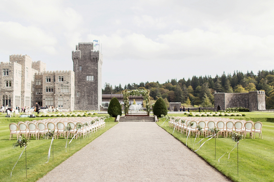 Juliana of Good Juju Ink wears a Marchesa gown for her super tasteful and elegant fairy tale Celtic and Jewish fusion wedding at Ashford Castle. Photography by Craig & Eva Sanders.