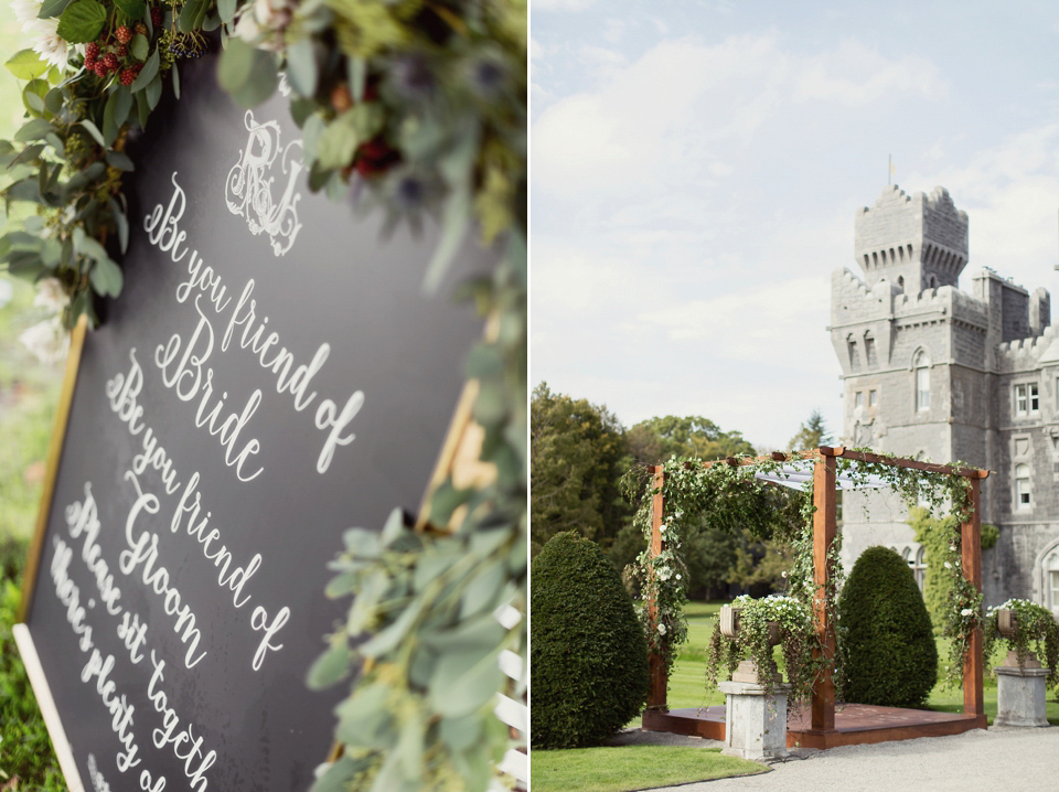 Juliana of Good Juju Ink wears a Marchesa gown for her super tasteful and elegant fairy tale Celtic and Jewish fusion wedding at Ashford Castle. Photography by Craig & Eva Sanders.