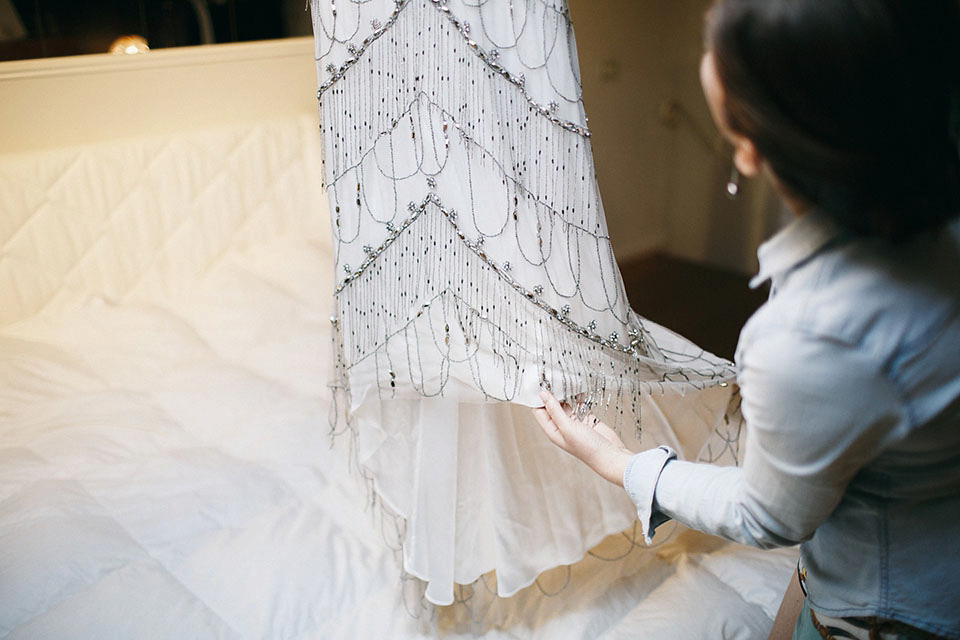 Amelia wore a beaded gown by Eliza Jane Howell for her September wedding in Tuscany. Photograph by Matteo Crescentini, styling and wedding planning by The Knot Italy.