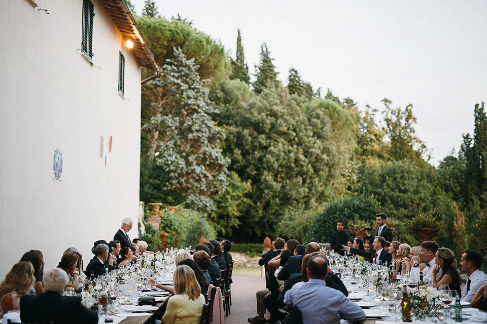 Amelia wore a beaded gown by Eliza Jane Howell for her September wedding in Tuscany. Photograph by Matteo Crescentini, styling and wedding planning by The Knot Italy.