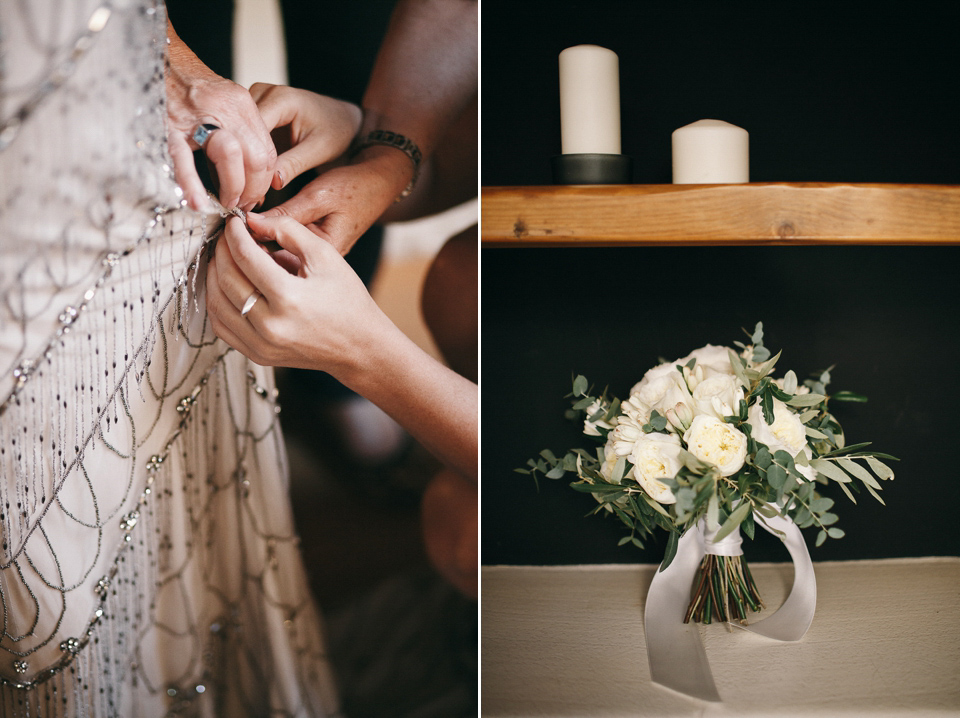 Amelia wore a beaded gown by Eliza Jane Howell for her September wedding in Tuscany. Photograph by Matteo Crescentini, styling and wedding planning by The Knot Italy.