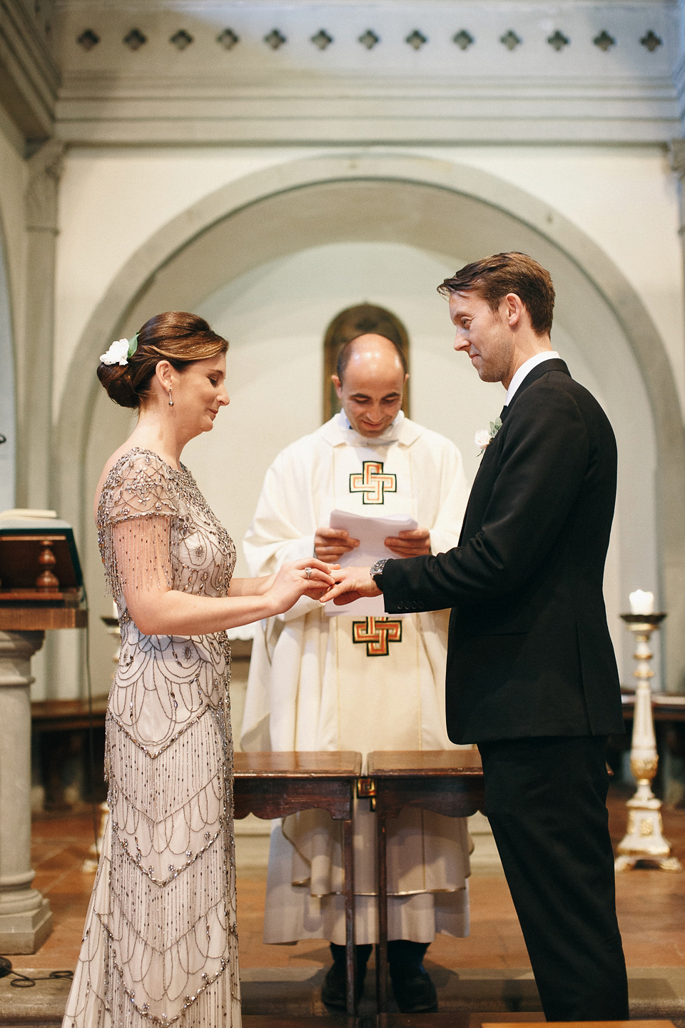 Amelia wore a beaded gown by Eliza Jane Howell for her September wedding in Tuscany. Photograph by Matteo Crescentini, styling and wedding planning by The Knot Italy.