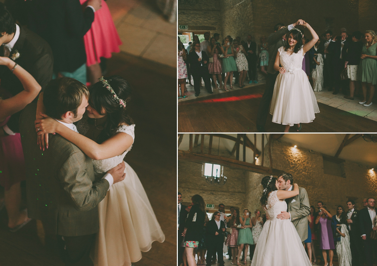 Green shoes ane a 50's inspired dress for a vintage barn wedding in the Cotswolds. Dress by Joanne Fleming, photography by Nabeel's Camera.