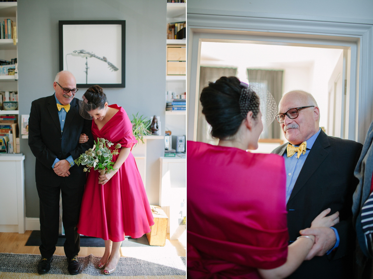 A pink Candy Anthony dress for a colourful and modern wedding at The Barbican. Photography by Joanna Brown.