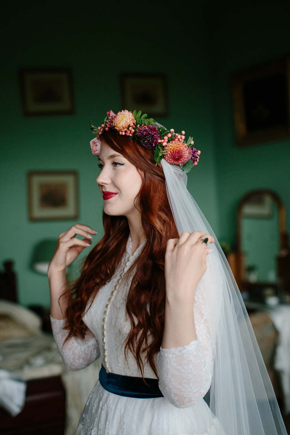 A Humanist woodland wedding for an ethereal, flame haired 1940's inspired bride. Photography by Caro Weiss, film by Sugar8.