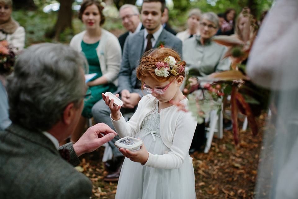 A Humanist woodland wedding for an ethereal, flame haired 1940's inspired bride. Photography by Caro Weiss, film by Sugar8.
