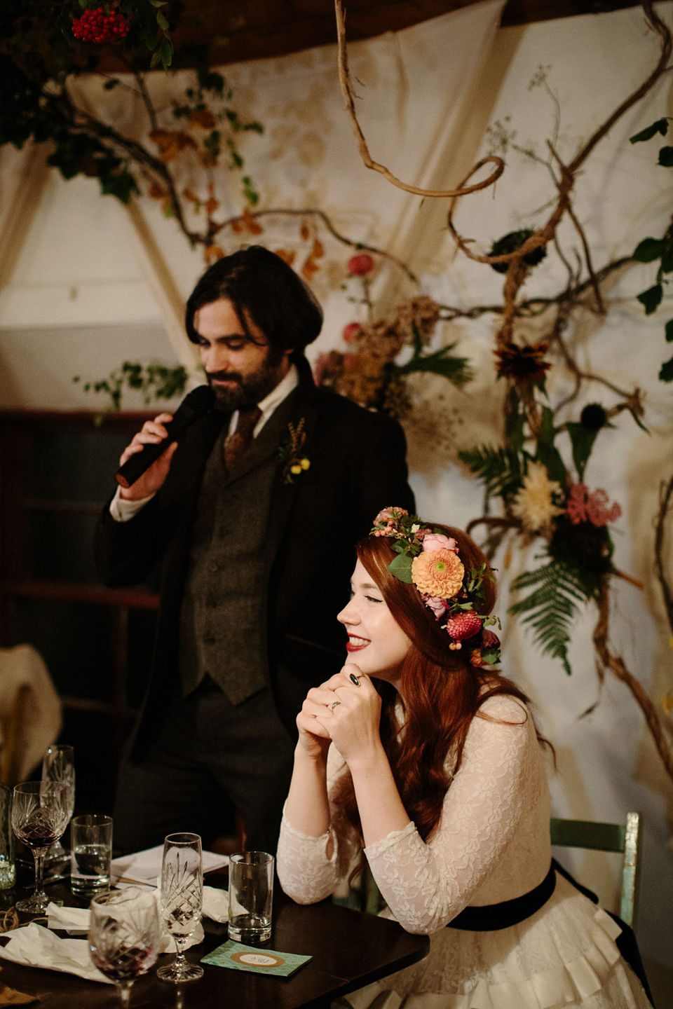 A Humanist woodland wedding for an ethereal, flame haired 1940's inspired bride. Photography by Caro Weiss, film by Sugar8.