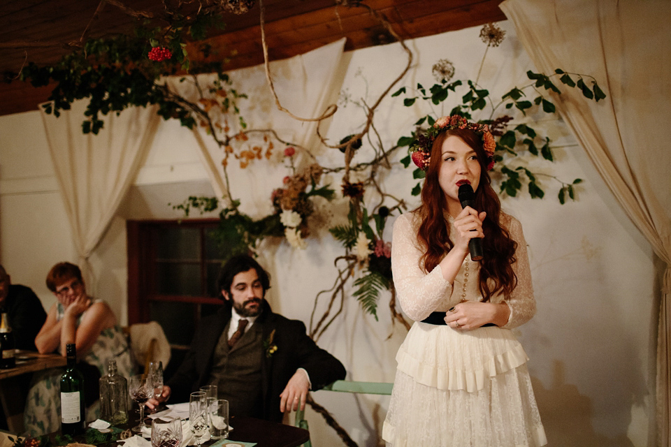A Humanist woodland wedding for an ethereal, flame haired 1940's inspired bride. Photography by Caro Weiss, film by Sugar8.