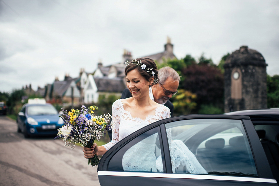 Emma wears a Temperley London gown for her wedding with 'The Travelling Barn Company' at the Skipness Estate in Scotland. Photography by Lisa Devine.