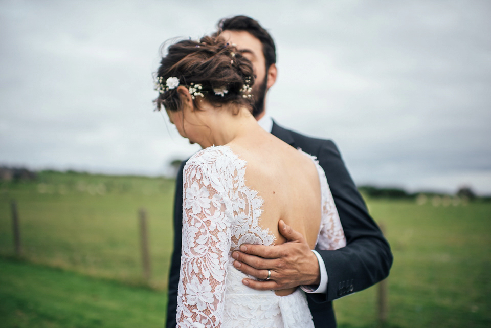 Emma wears a Temperley London gown for her wedding with 'The Travelling Barn Company' at the Skipness Estate in Scotland. Photography by Lisa Devine.